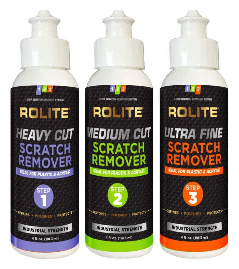 Rolite 3 Step Scratch Removal System for Clear Plastic and Acrylic Surfaces - Heavy Cut, Medium Cut and Ultra Fine Combo Set Removes Scratch and Swirl Marks, 3 - 4 Ounce Bottles - Image 1